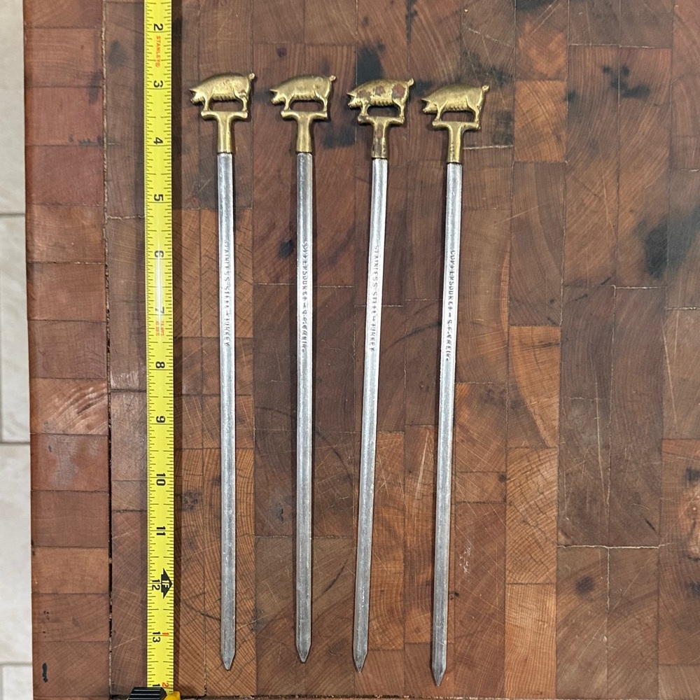 Vintage Skewers metal BBQ skewers with brass Pig Handles